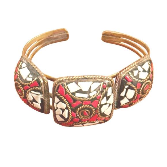 Boho Mosaic Inlay Cuff Bracelet, Red Black White Pattern, Artisan Tribal Bangle - Picture 1 of 4